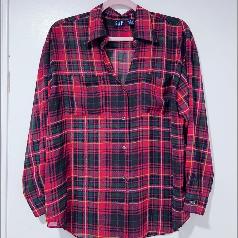 Gap Sheer Top Plaid Button Up Shirt Red & Green MEDIUM Double Breast Pocket